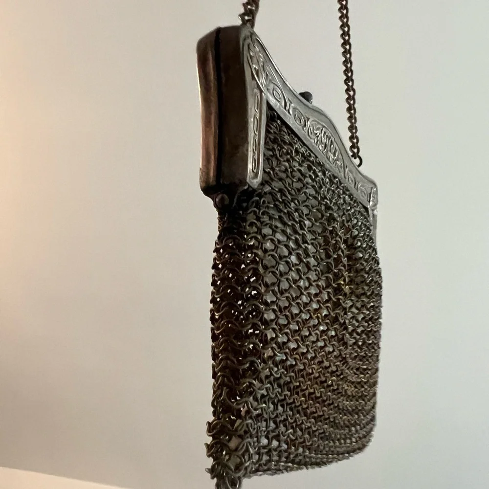 Antique Victorian Ornate Frame Metal Mesh Purse Bag - Picture 9 of 11